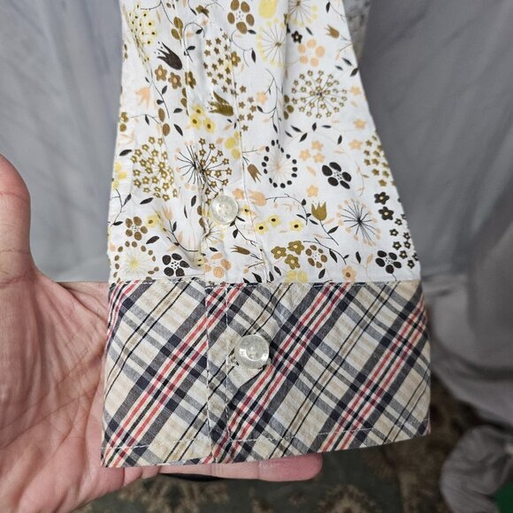 Spy Henry Lau Yellow Blue Floral Plaid Western Button Down Blouse Size L - Picture 8 of 13
